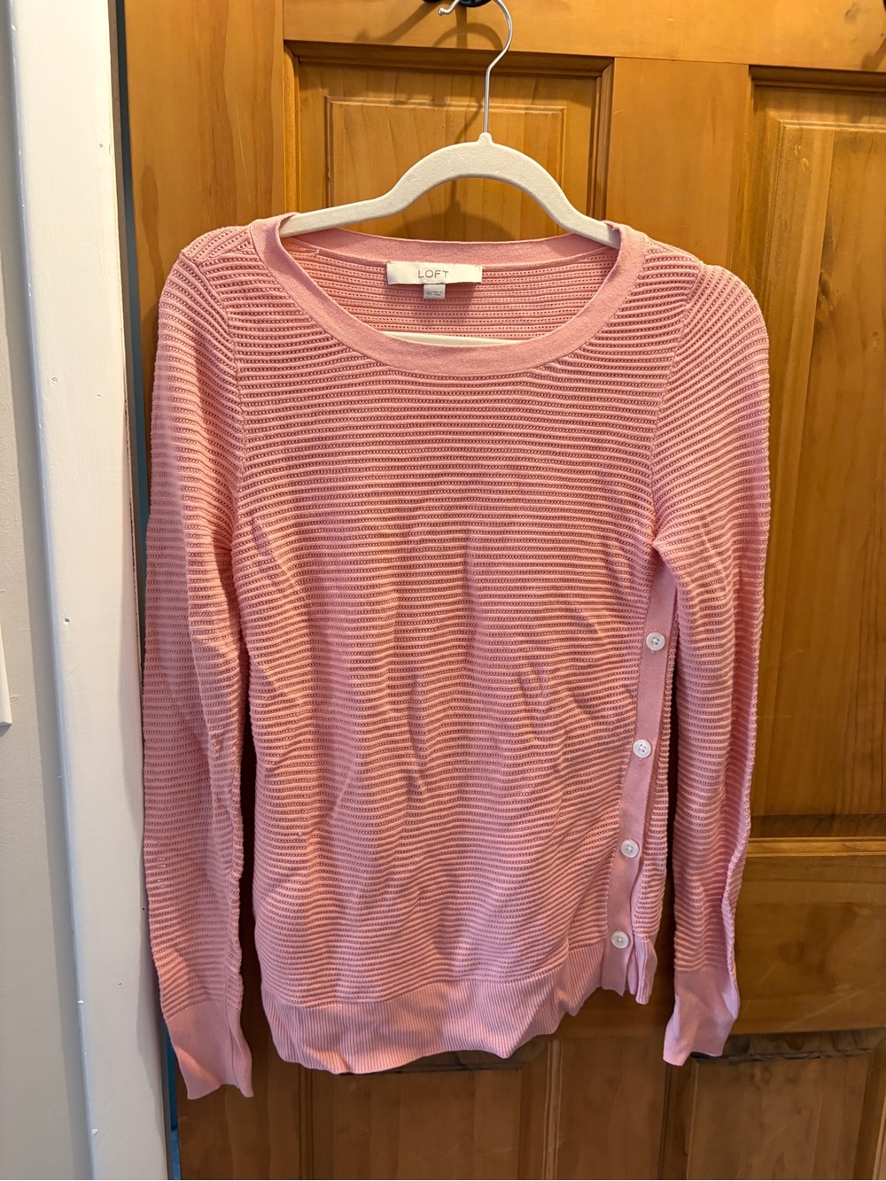 LOFT Light Pink Ribbed Knit Top with Subtle Eyelet Texture